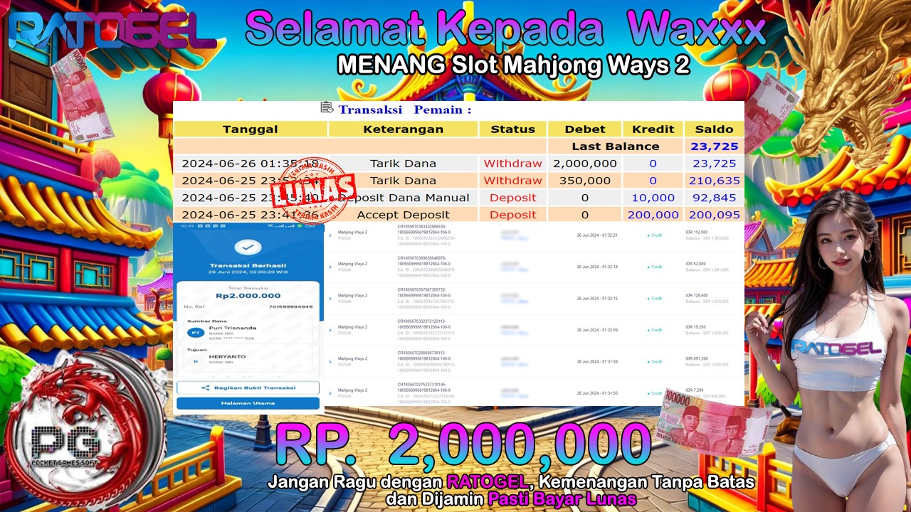 BUKTI JACKPOT SLOT MAHJONG WAYS 2 TERPERCAYA DI INDONESIA TGL 26-06-2024