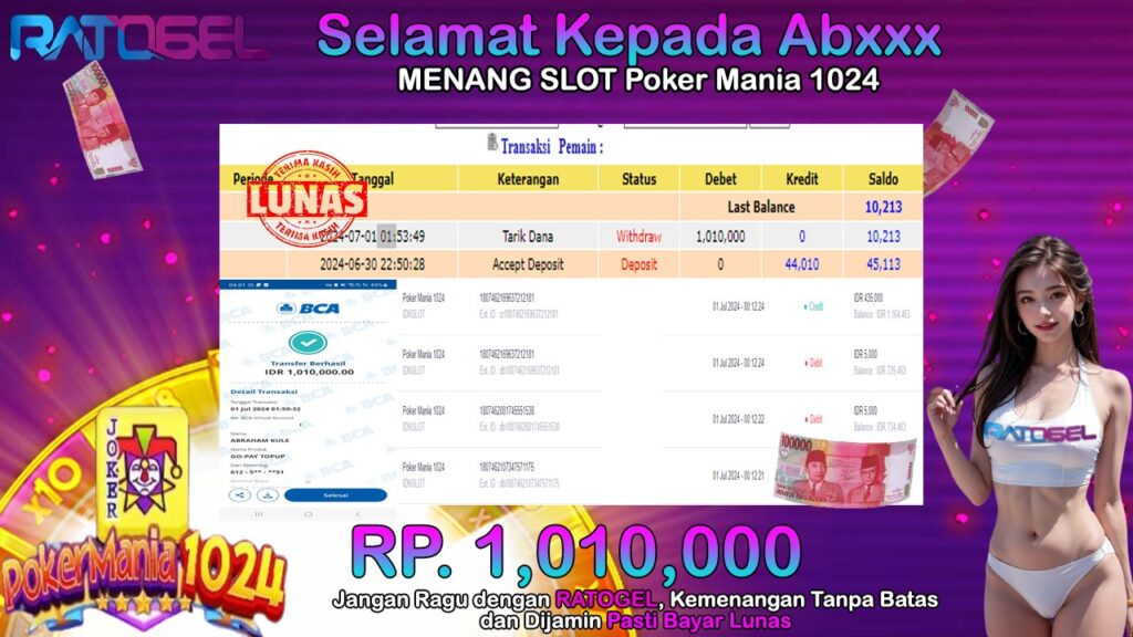 BUKTI JACKPOT SLOT POKER MANIA 1024 TERPERCAYA DI INDONESIA TGL 01-07-2024