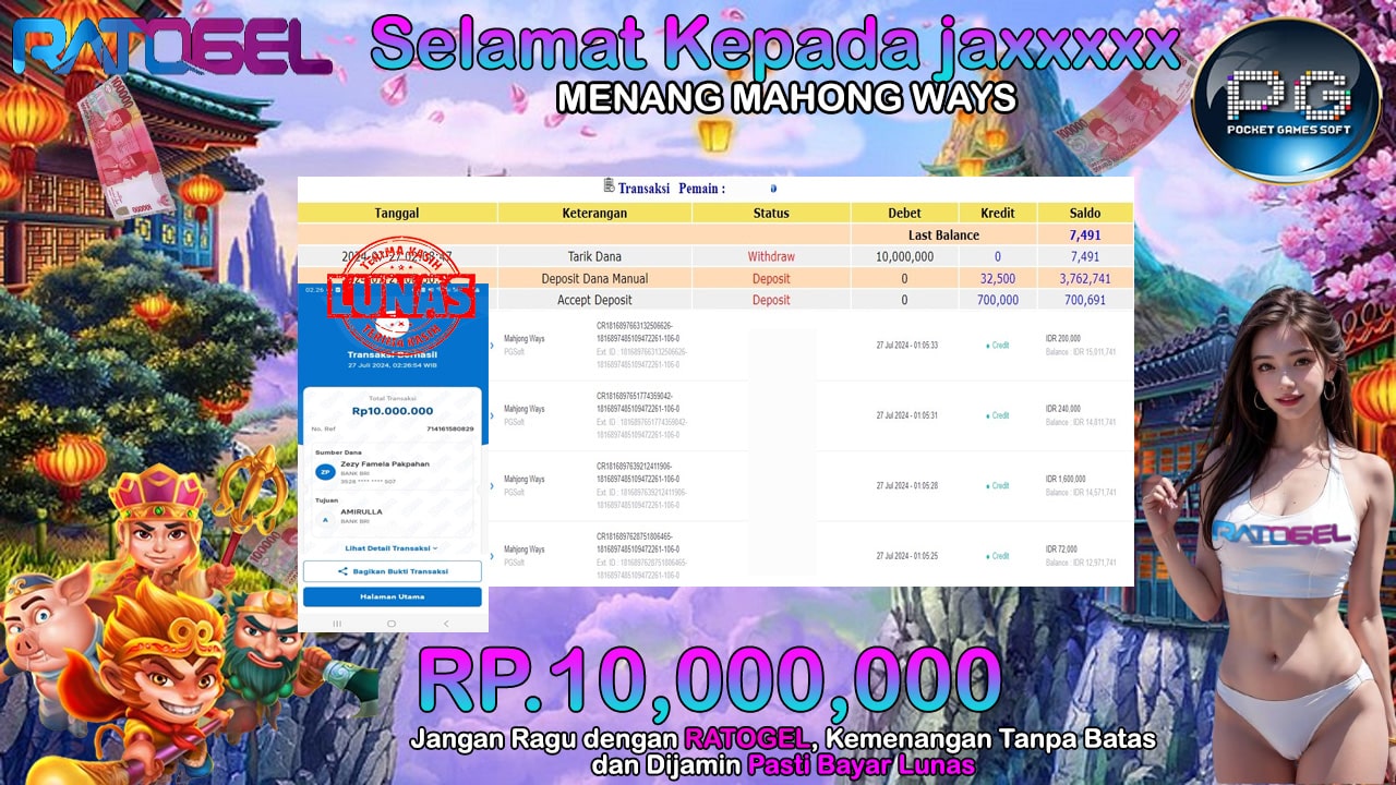 BUKTI JACKPOT SLOT MAHJONG WAYS TERPERCAYA DI INDONESIA TGL 27-07-2024