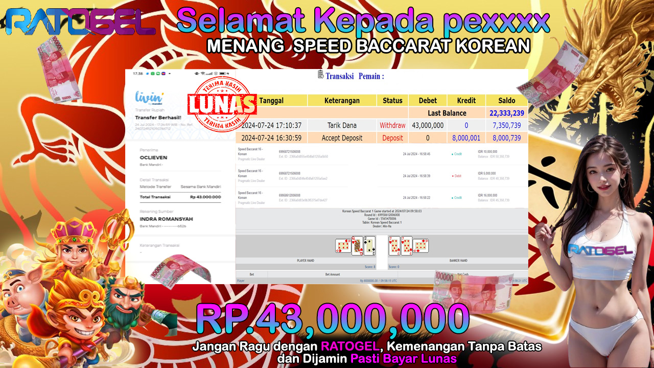 BUKTI JACKPOT LIVE CASINO BACCARAT KOREAN TERPERCAYA DI INDONESIA TGL 24-07-2024