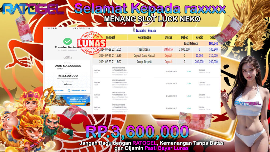 BUKTI JACKPOT SLOT LUCK NEKO TERPERCAYA DI INDONESIA TGL 29-07-2024