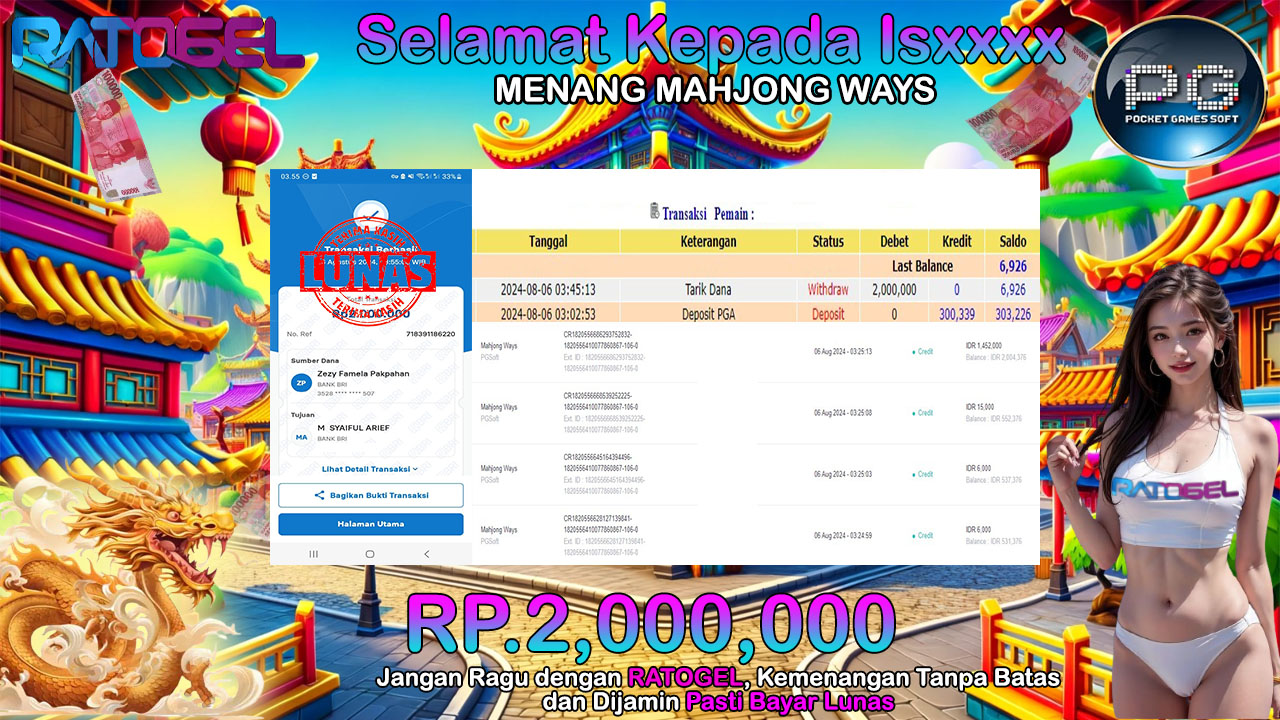 BUKTI JACKPOT SLOT MAHJONG WAYS TERPERCAYA DI INDONESIA TGL 06-08-2024