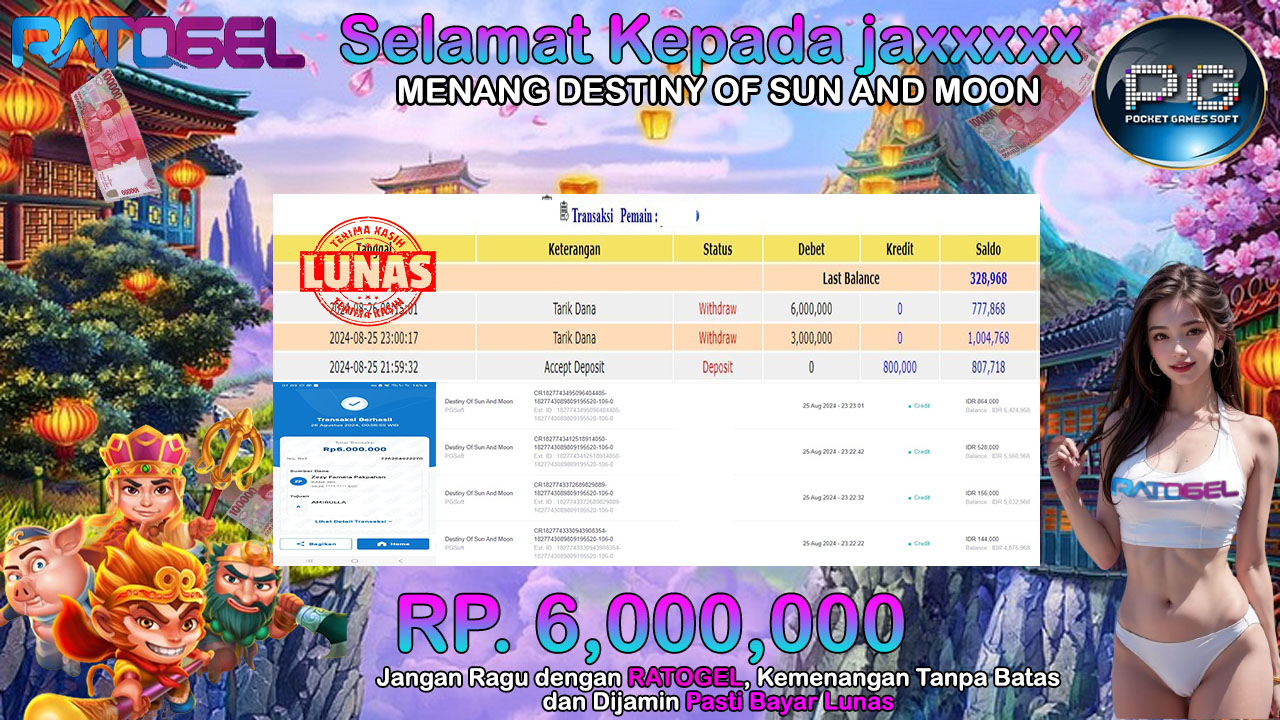 BUKTI JACKPOT SLOT DESTINY OF SUN AND MOON TERPERCAYA DI INDONESIA TGL 26-08-2024