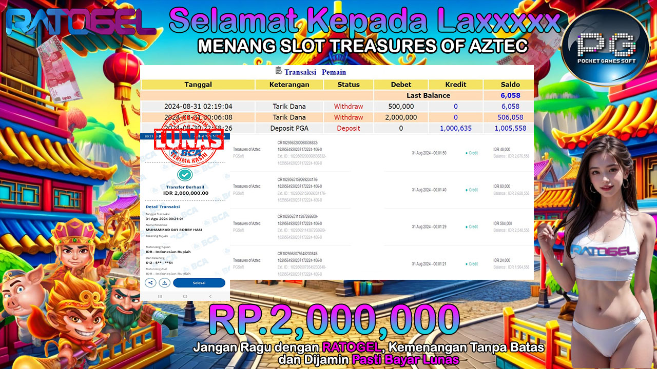 BUKTI JACKPOT SLOT TRASURES OF AZTEC  TERPERCAYA DI INDONESIA TGL 31-08-2024