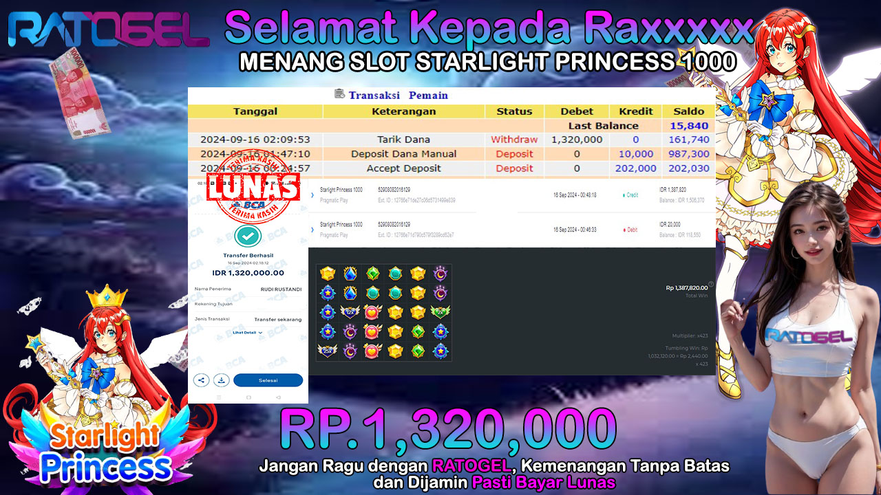 BUKTI JACKPOT SLOT STARLIGHT PRINCESS 1000 TERPERCAYA DI INDONESIA TGL 16-09-2024