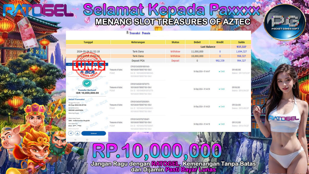 BUKTI JACKPOT SLOT TREASURES OF AZTEC  TERPERCAYA DI INDONESIA TGL 04-09-2024